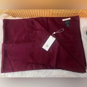 Tory Burch Mosaic logo Jacquard Scarf In Garnet Made In France 80 In*26 In